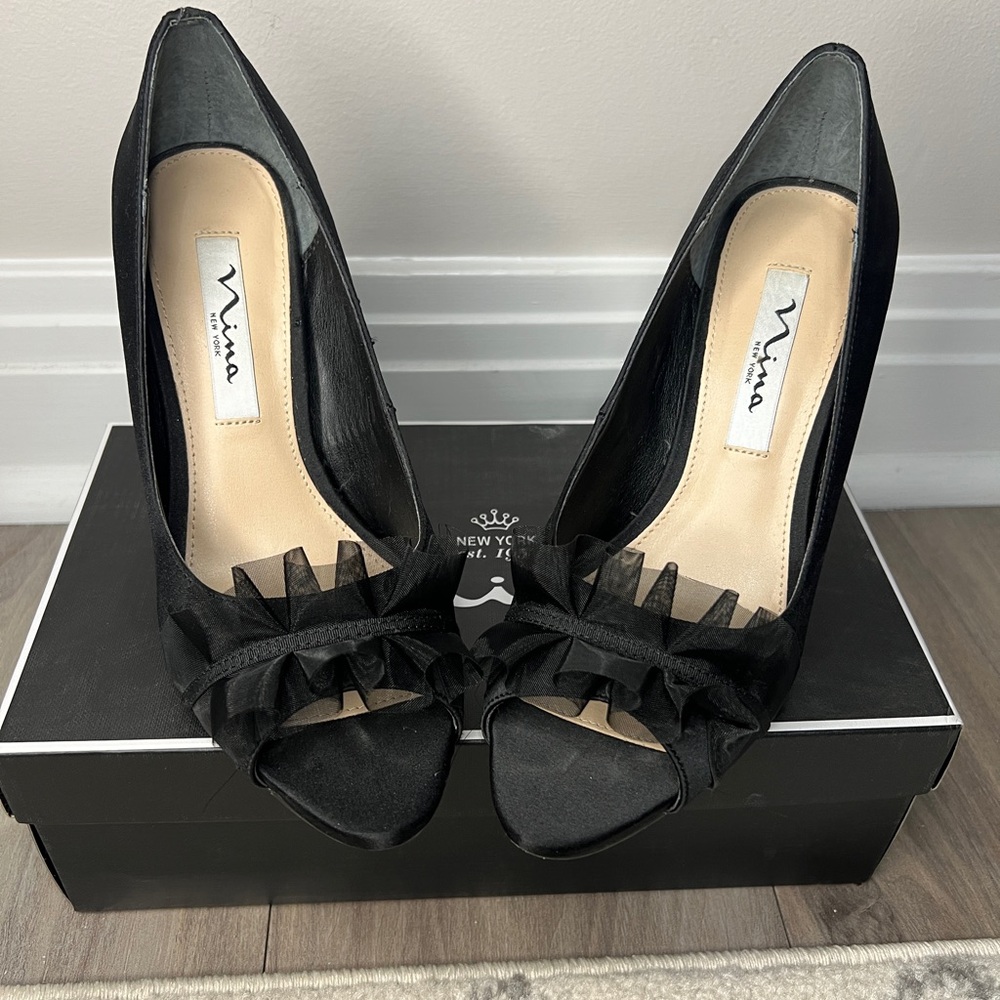 Nina Raizel Black Satin Luster Peep Toe Heel